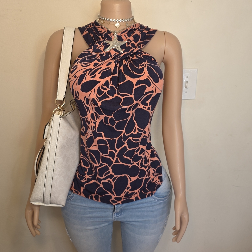 Outback Red Peach & Navy Blue Abstract Cross Shoulder Halter Blouse